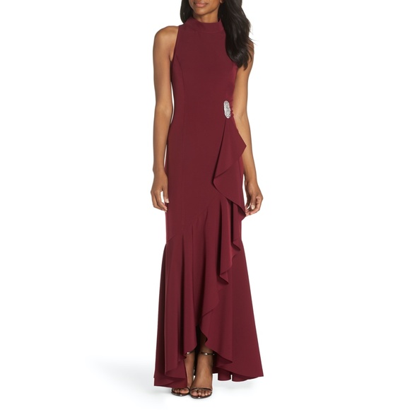 Vince Camuto Mock Neck Embellished Ruffle Hem Gown - Picture 4 of 11